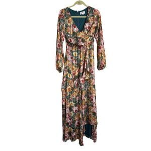 Olia Dress Womens Size Small Green Maxi Floral Faux Wrap Chiffon Long Sleeve NWT